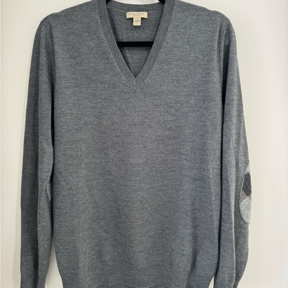 Burberry men’s dark gray elbow patch wool sweater